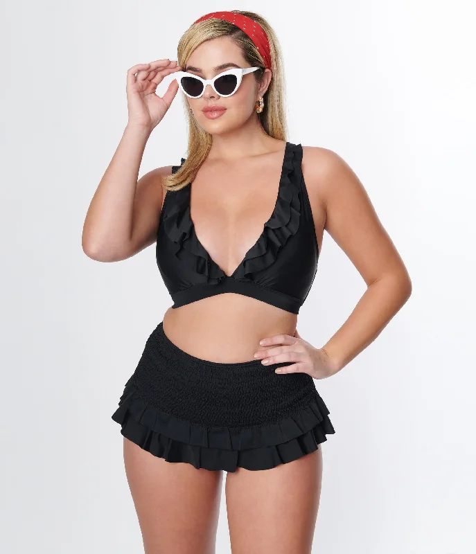 Unique Vintage Black Ruffle Halter Swim Top