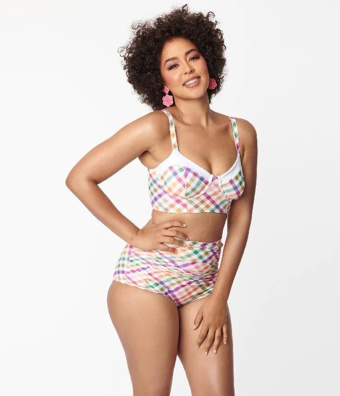 Unique Vintage Pastel Madras Gingham Marlene Crop Swim Top