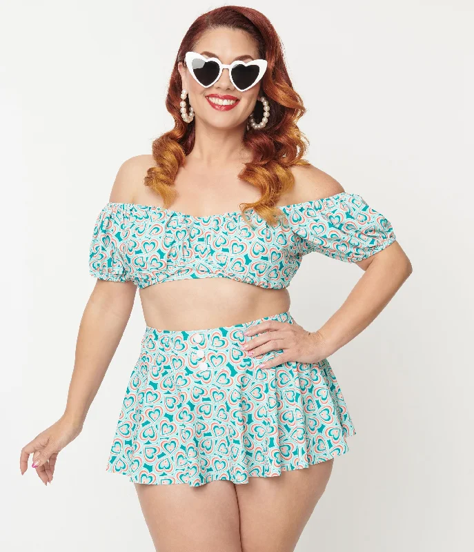 Unique Vintage Plus Size 1950s Turquoise Retro Hearts Swim Skirt