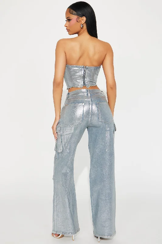 Bianca Metallic Denim Pant Set - Silver