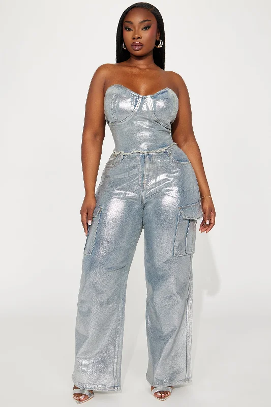 Bianca Metallic Denim Pant Set - Silver