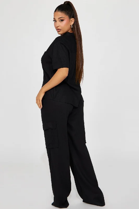 Mina Linen Cargo Pant Set - Black