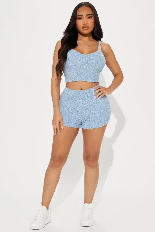 Unbothered Mood Cozy Short Set - Light Blue