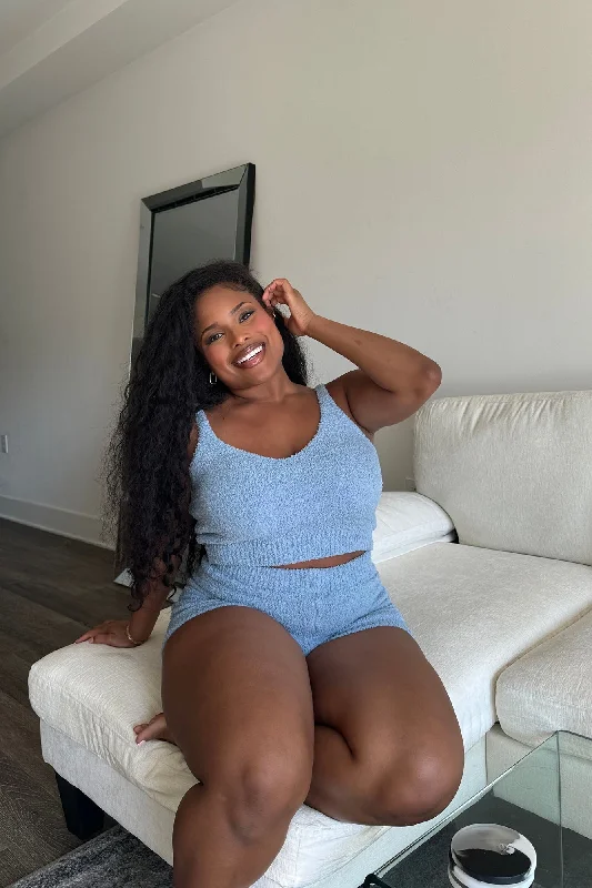 Unbothered Mood Cozy Short Set - Light Blue