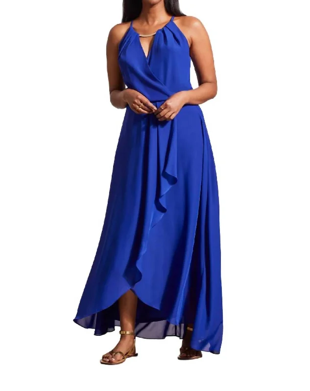 Cascading Halter Dress In Sapphire Blue