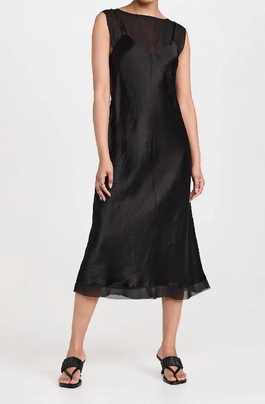 Chiffon Layered Slip Dress In Black