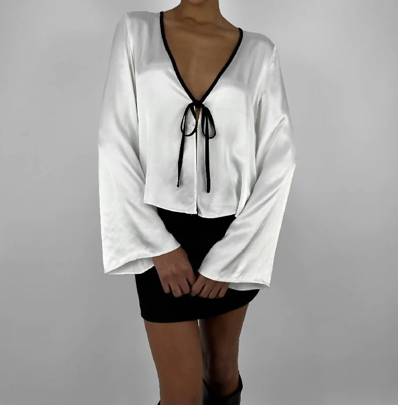 Deep V Bow Satin Long Sleeve In Ivory And Black