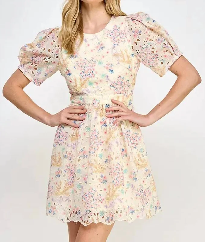 Floral Print Eyelet Short Dress In Multi