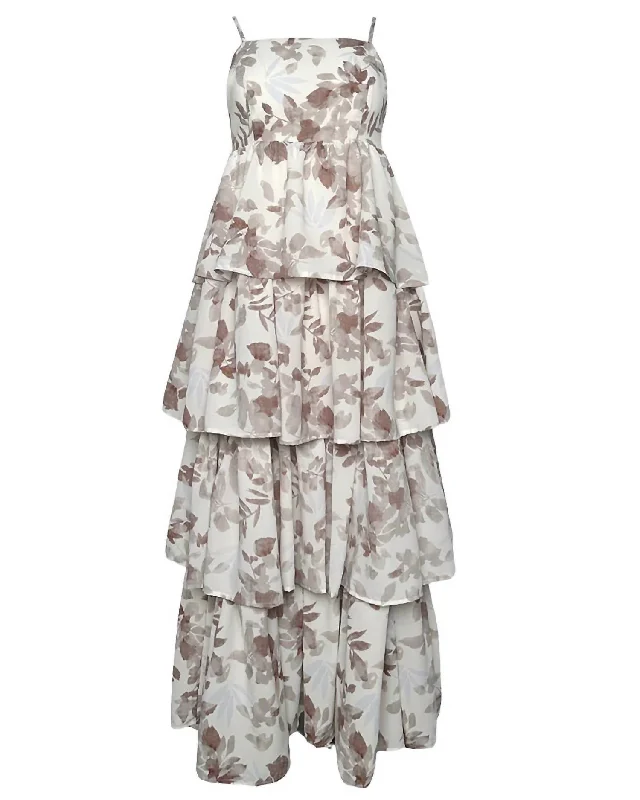 Floral Tiered Dress In Off White/taupe