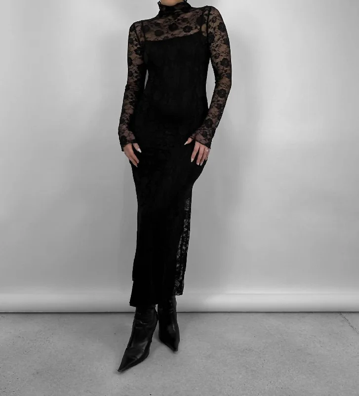 Mock Neck Rose Lace Long Sleeve Dress In Black