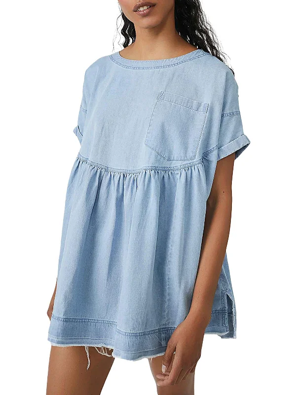 Moon City Womens Frayed Hem Denim Babydoll Dress