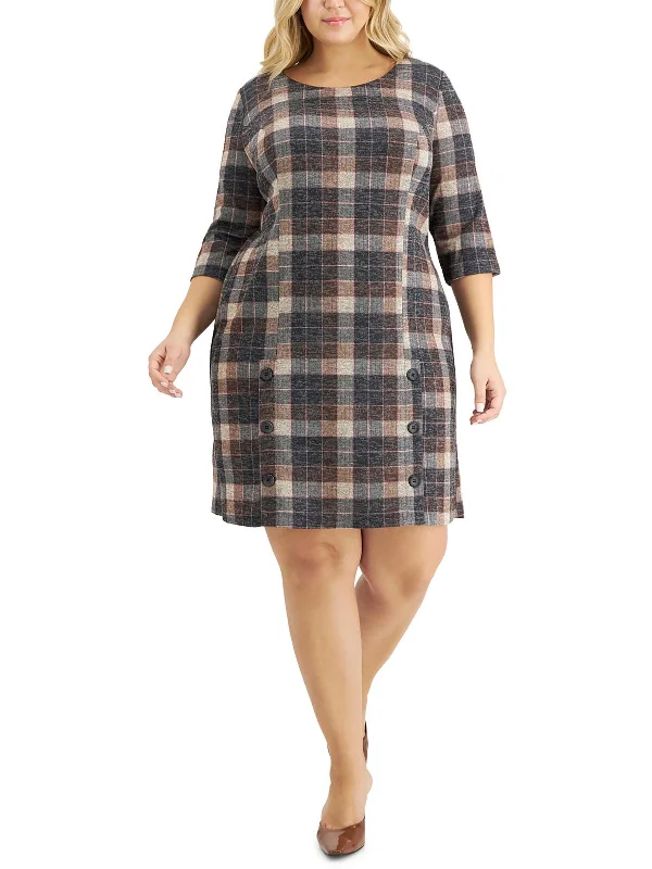 Petites Womens Plaid Polyester Wear To Work Dress