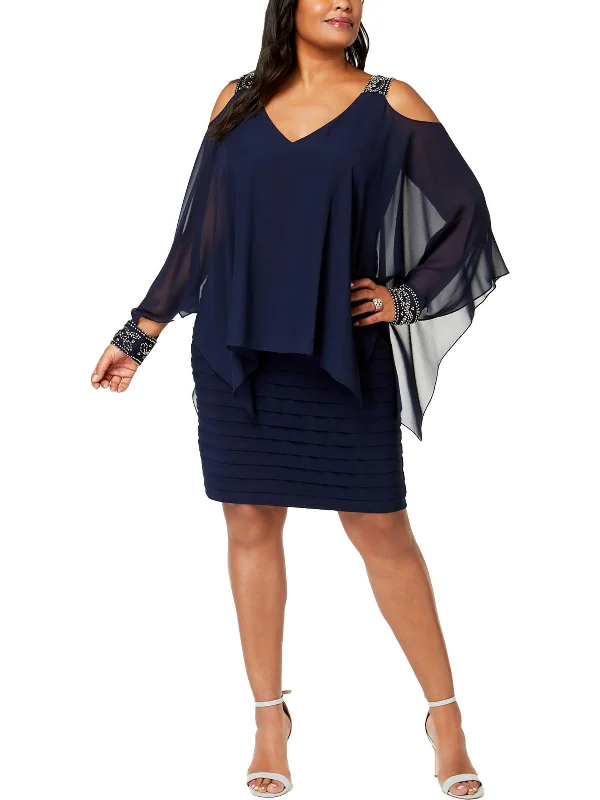 Plus Womens Cld Shoulder Embellished Capelet Dress