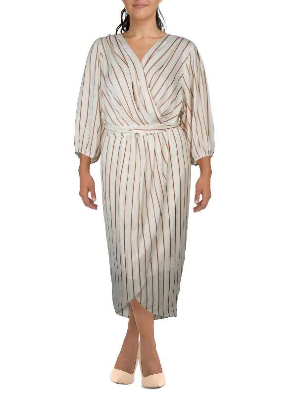 Plus Womens Striped Polyester Wrap Dress