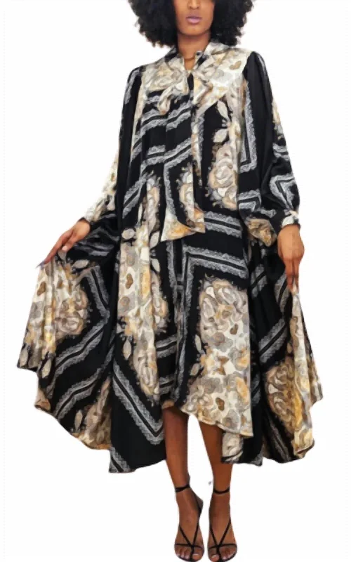 Printed Full Dress In Black/gold/multi