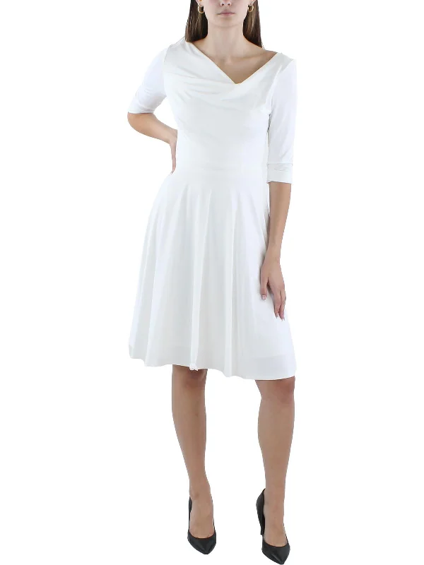 Womens 3/4 Sleeve Pleated Fit & Flare Dress