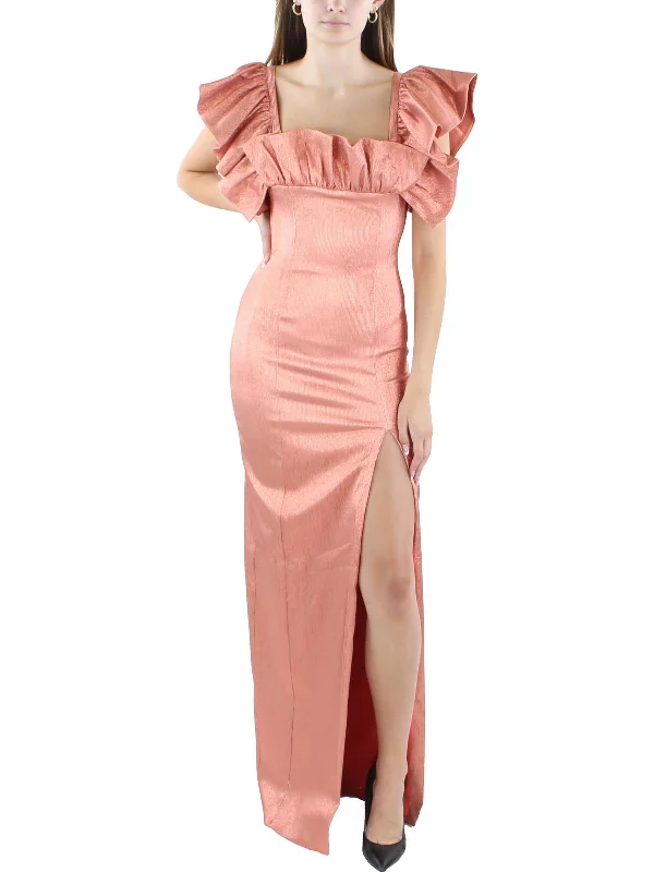 Womens Full Length Ruffle Sleeve Evening Dress