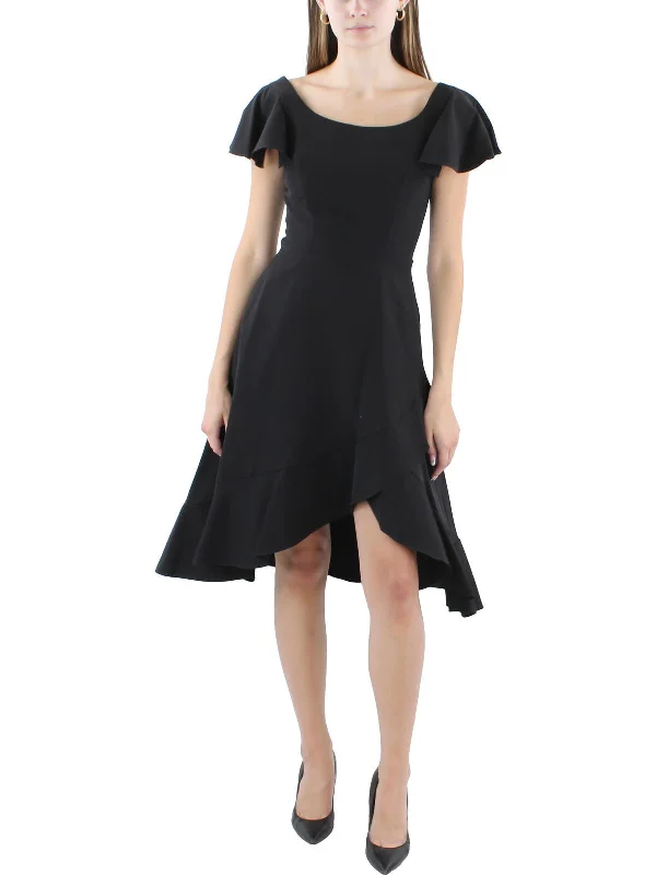 Womens Hi-Low Flutter Sleeve Fit & Flare Dress