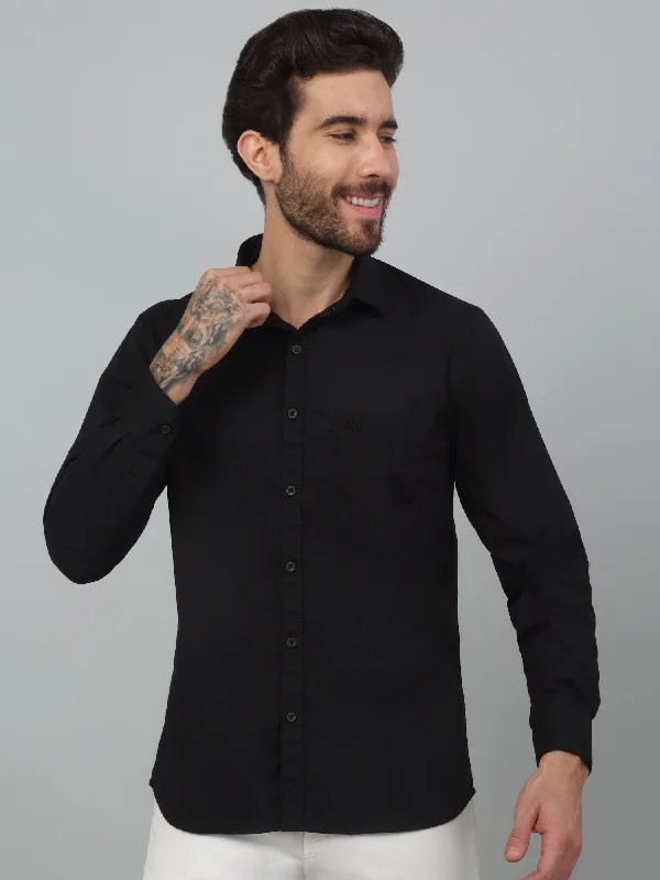 Men's Black Casual Plain Stretch Full Sleeve Shirt