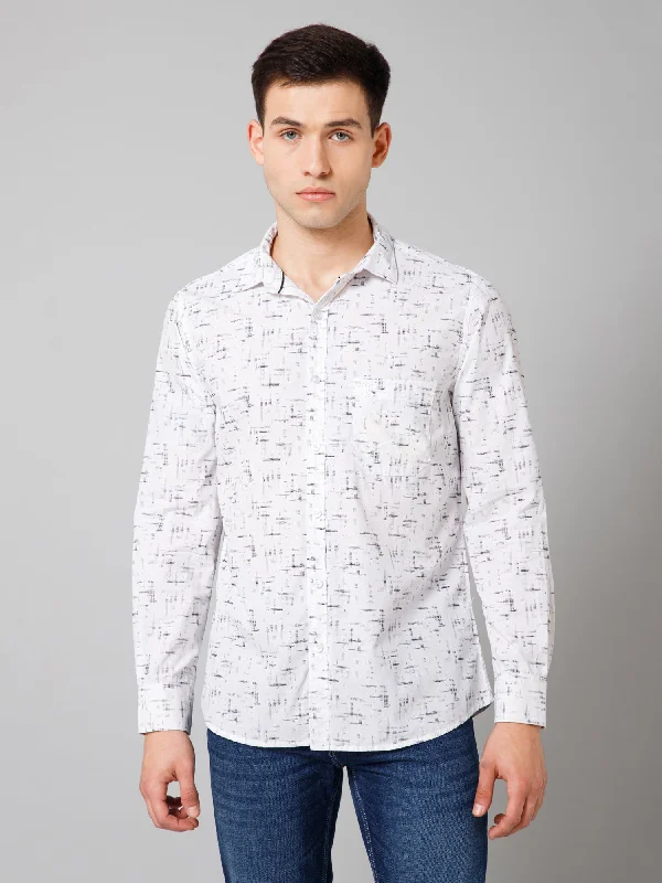 Men's White Casual Abstract Print Full Sleeve Shirt