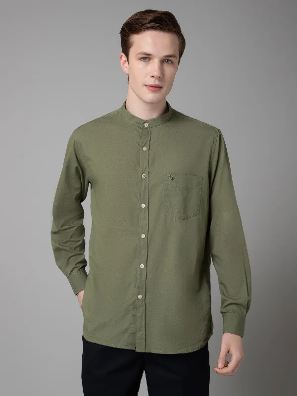 Men's Olive Green Casual Plain Full Sleeve Shirt