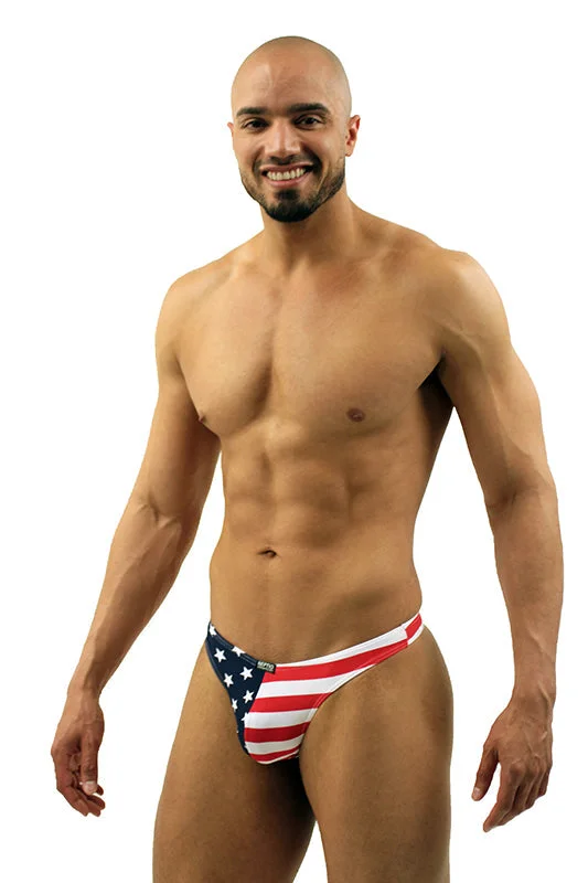 Men's Patriotic Thong Swimsuit featuring American Flag Stars and Stripes