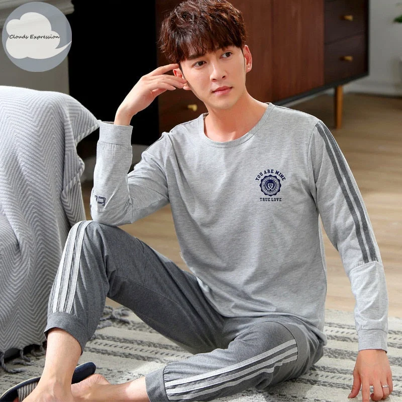 Autumn Winter Knitted Cotton Cartoon Men's Pyjamas Striped Pajamas Set Casual Male Sleepwear Pyjamas Night Pijamas 3XL Homewear