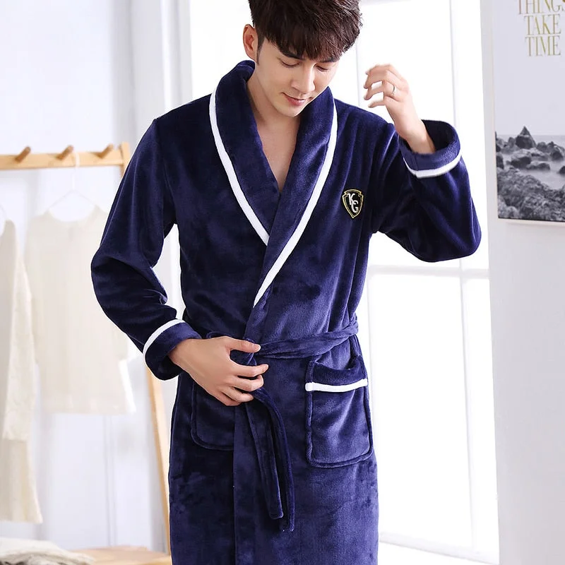 Men Casual Kimono Bathrobe Autumn Winter Flannel Long Robe Thick Warm Sleepwear Plus Size 3xl Nightgown Male Casual Home Wear